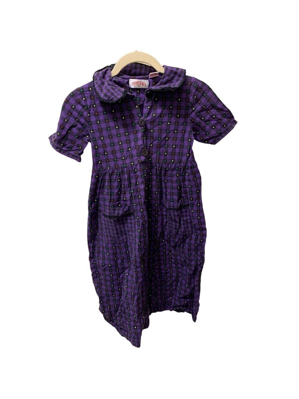 Copper Key Plaid Cotton Pocket Dress Button Collared Short Sleeve Purple, 6 Girl